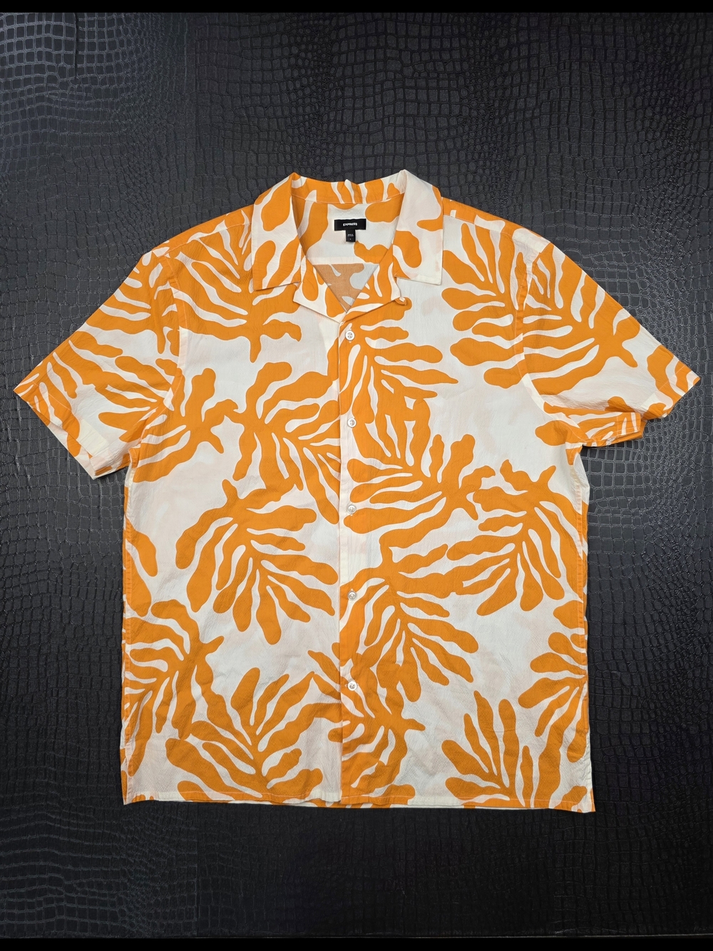 Express White & Orange Short-Sleeve Botanical Print Button-Down Shirt Size Large